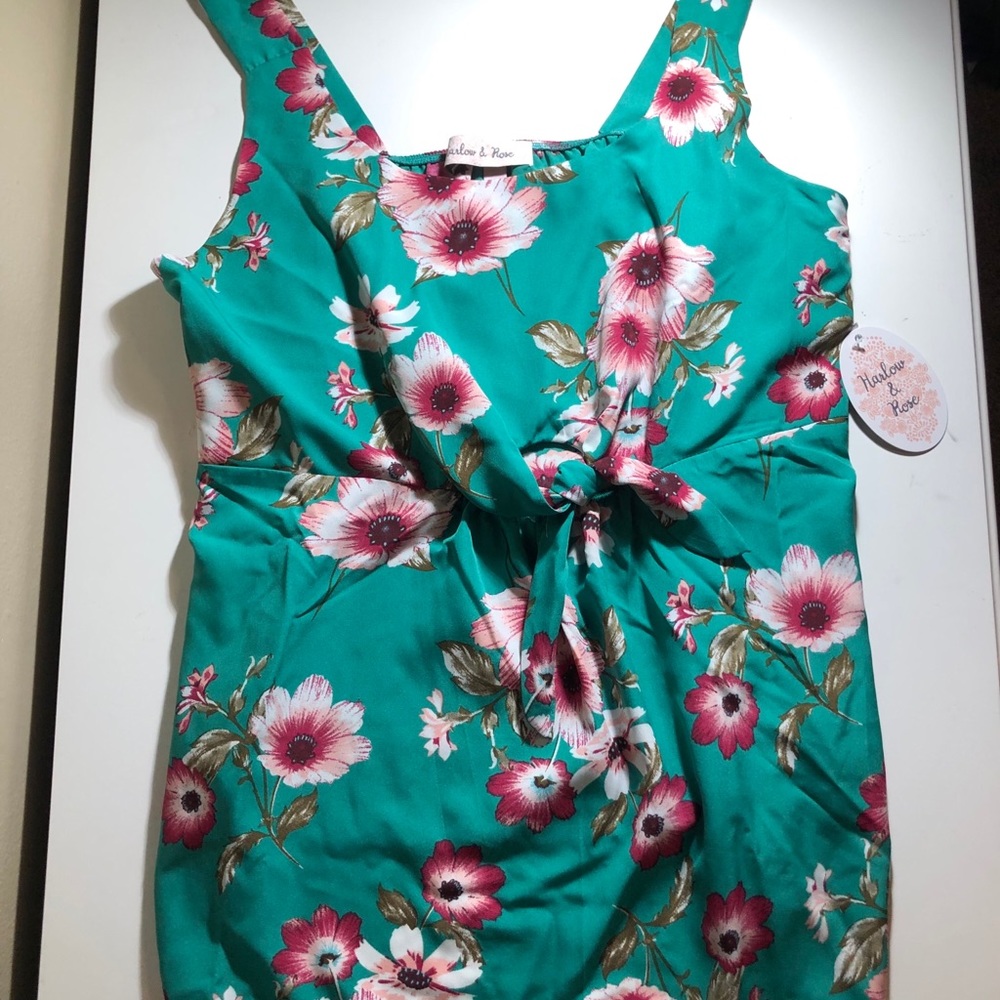 Blue/green tank top with Pink flowers. Women’s Med